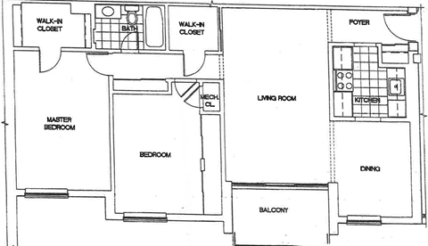 Floor plan for 2 beds, 1 bath, 1060 sqft